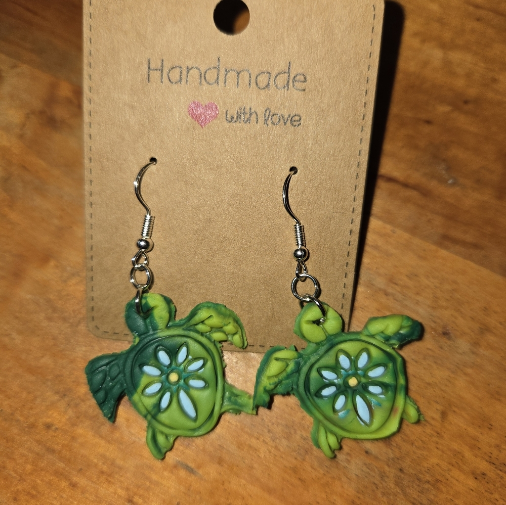 Light Green Floral Turtle Earrings, Tribal Style Casual Lightweight Polymer Clay